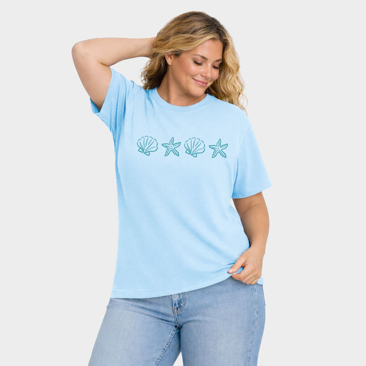 Embroidered Starfish and Shells - Women's Plus Sized Garment Dyed Graphic T-Shirt