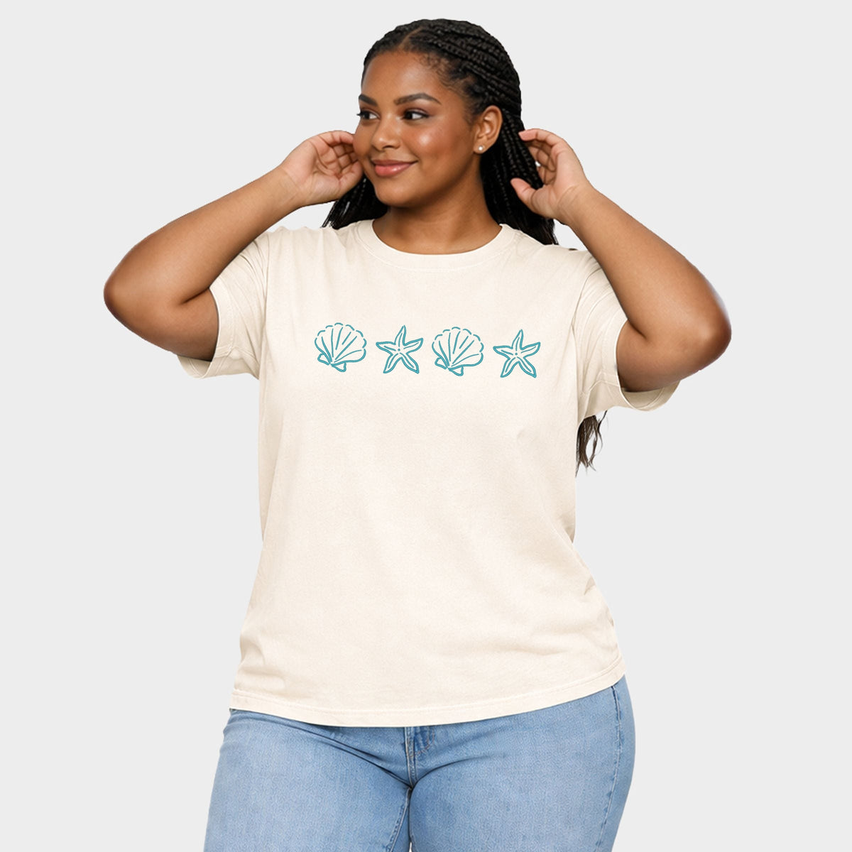 Embroidered Starfish and Shells - Women's Plus Sized Garment Dyed Graphic T-Shirt