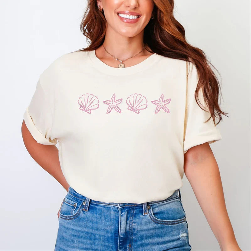 Embroidered Starfish and Shells - Women's Garment Dyed Graphic T-Shirt