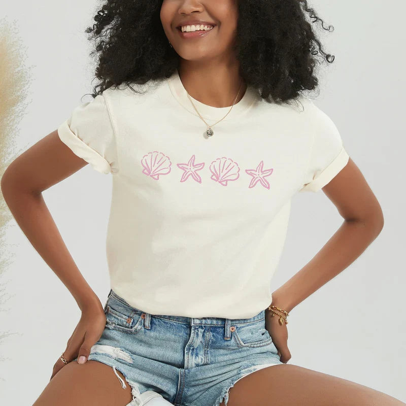 Embroidered Starfish and Shells - Women's Garment Dyed Graphic T-Shirt