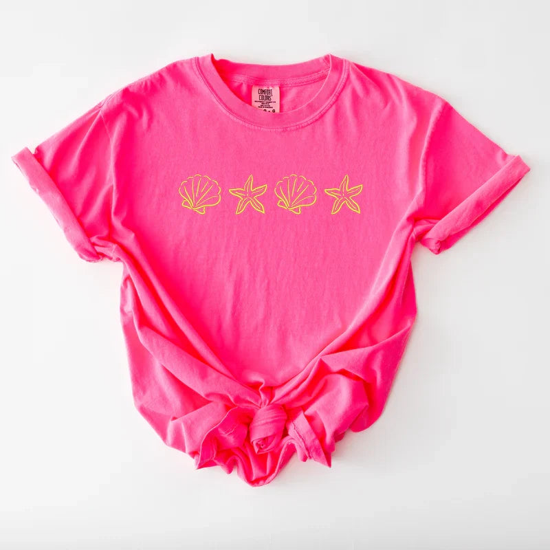 Embroidered Starfish and Shells - Women's Garment Dyed Graphic T-Shirt