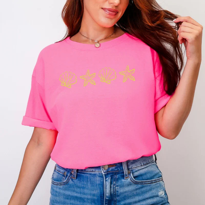 Embroidered Starfish and Shells - Women's Garment Dyed Graphic T-Shirt