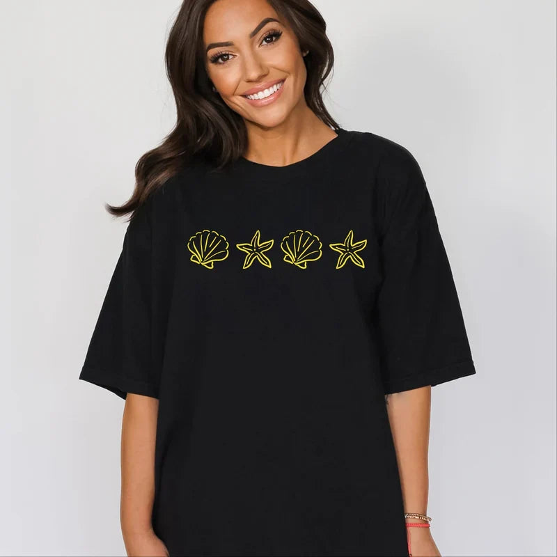 Embroidered Starfish and Shells - Women's Garment Dyed Graphic T-Shirt