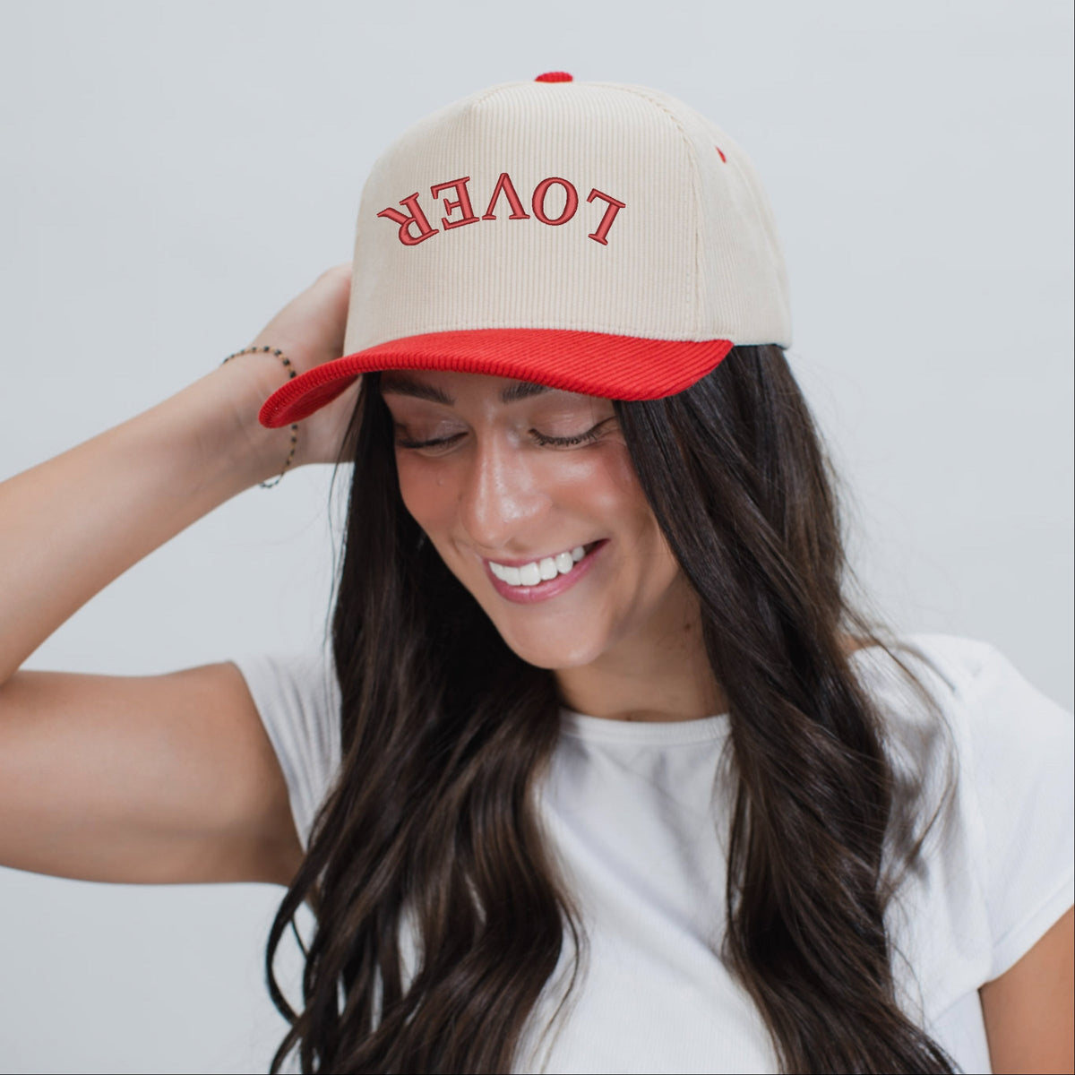 3D Puff Embroidered Lover Upside Down Arch - Women's Corduroy Trucker Hat