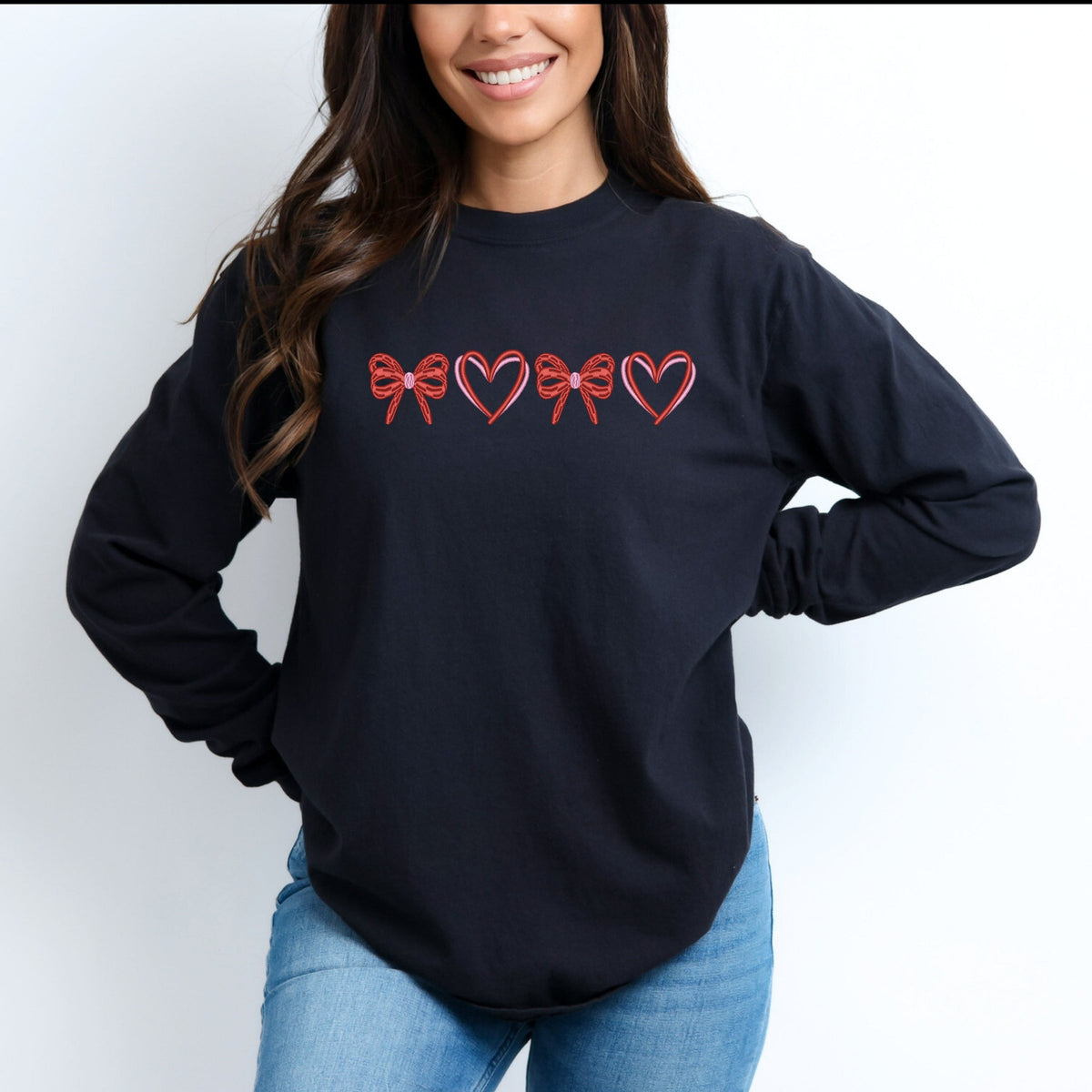 Embroidered Hearts And Bows - Women's Garment Dyed Long Sleeve Graphic T-Shirt