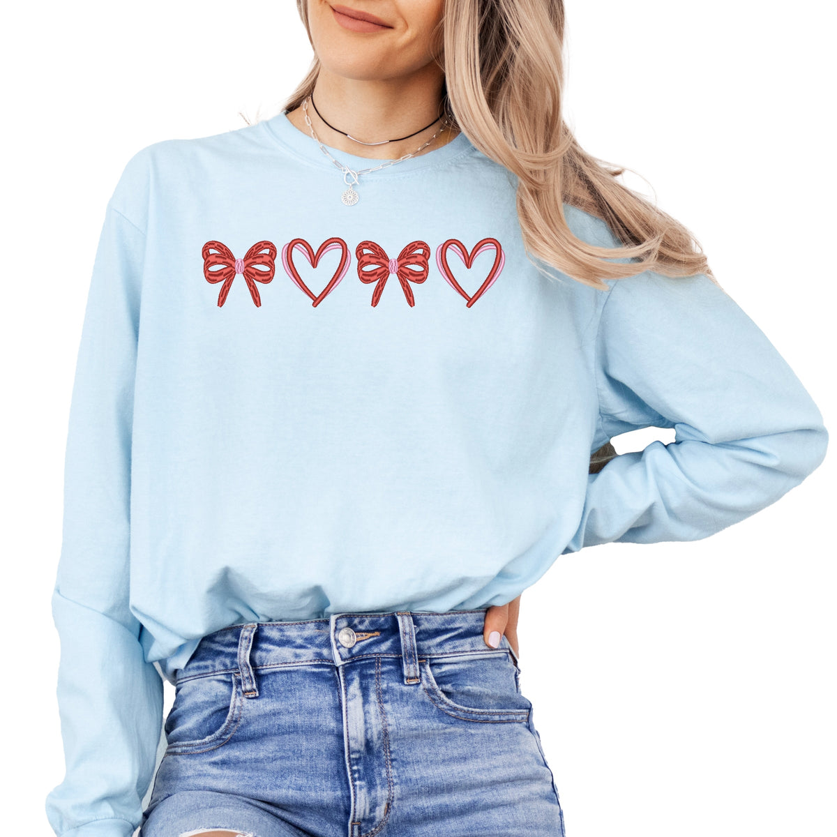 Embroidered Hearts And Bows - Women's Garment Dyed Long Sleeve Graphic T-Shirt