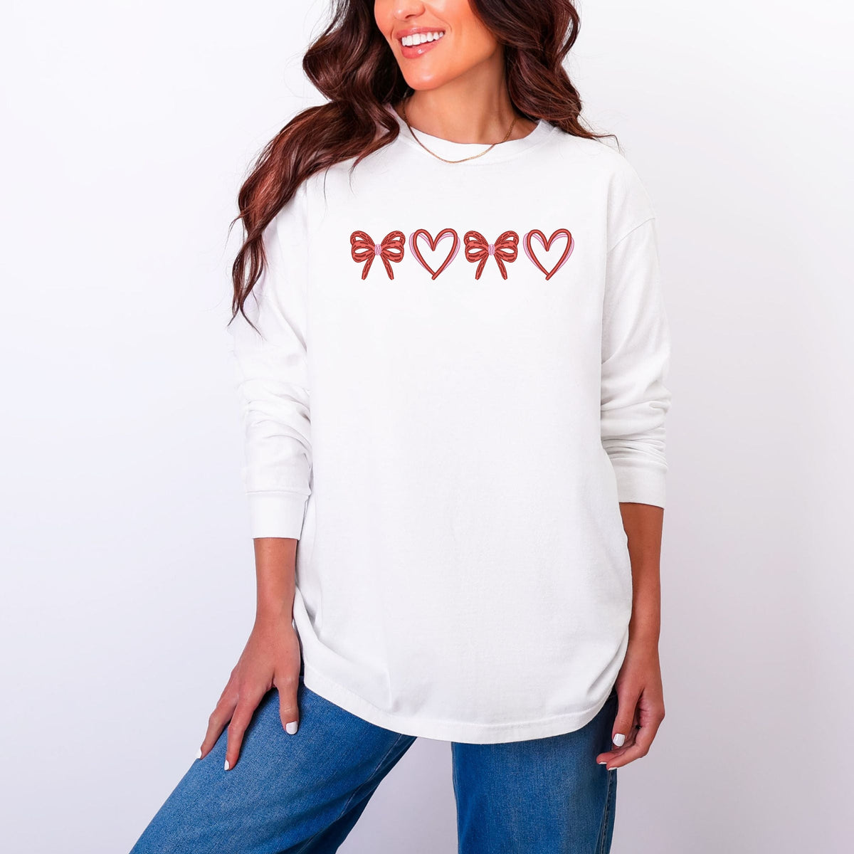 Embroidered Hearts And Bows - Women's Garment Dyed Long Sleeve Graphic T-Shirt