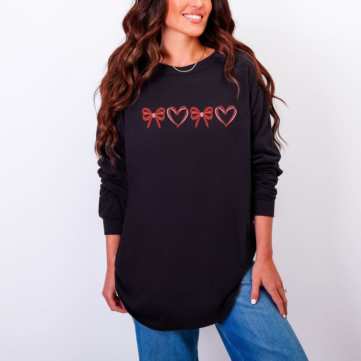 Embroidered Hearts And Bows - Women's Garment Dyed Long Sleeve Graphic T-Shirt