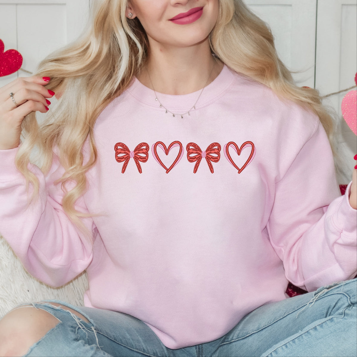 Embroidered Hearts And Bows - Women's Graphic Sweatshirt