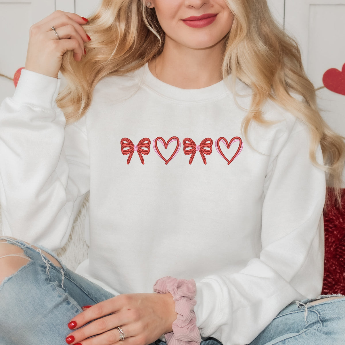 Embroidered Hearts And Bows - Women's Graphic Sweatshirt