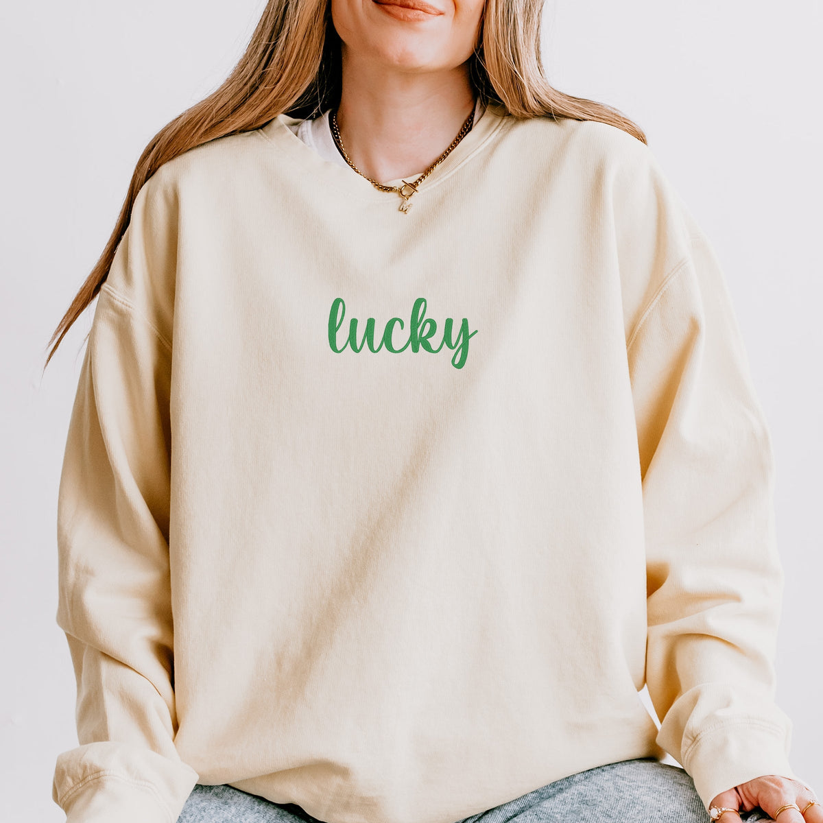 Embroidered Lucky Cursive - Women's Lightweight Garment Dyed Sweatshirt