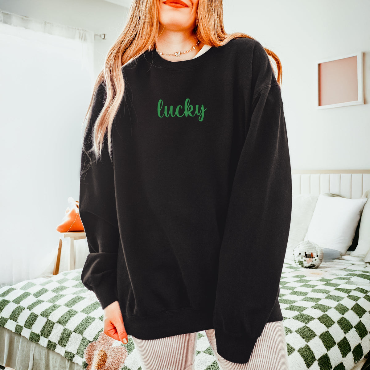 Embroidered Lucky Cursive - Women's Lightweight Garment Dyed Sweatshirt