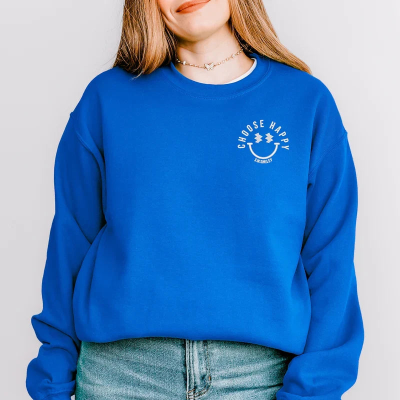 S.W.Smiley Embroidered Choose Happy Lightning Face -  Women's Graphic Sweatshirt