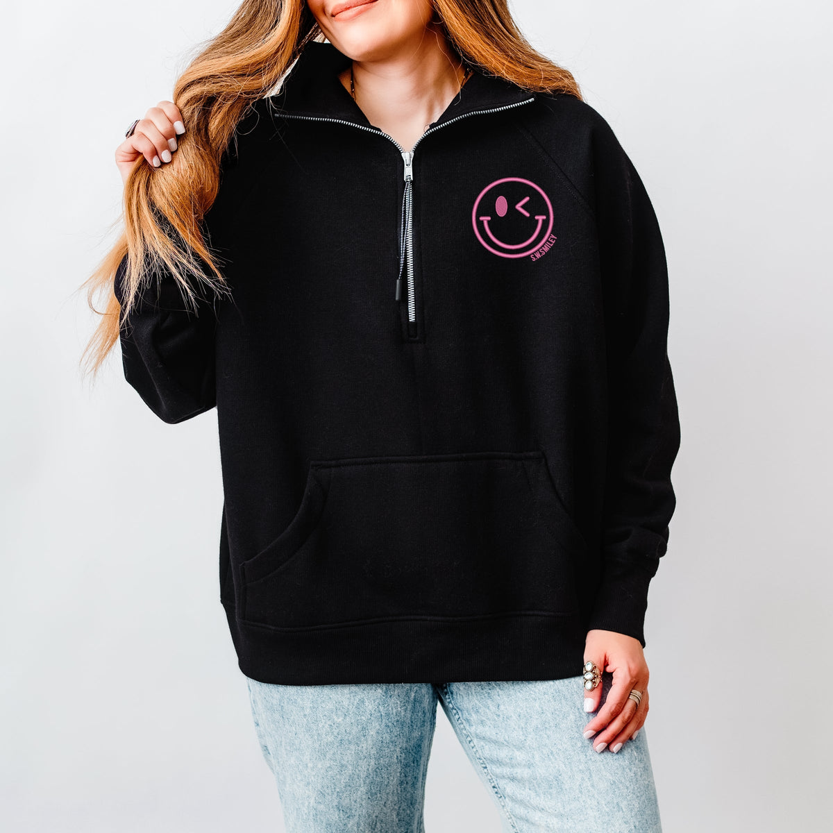 S.W.Smiley Embroidered Smiley Face Outline - Women's Quarter Zip Fleece Graphic Sweatshirt