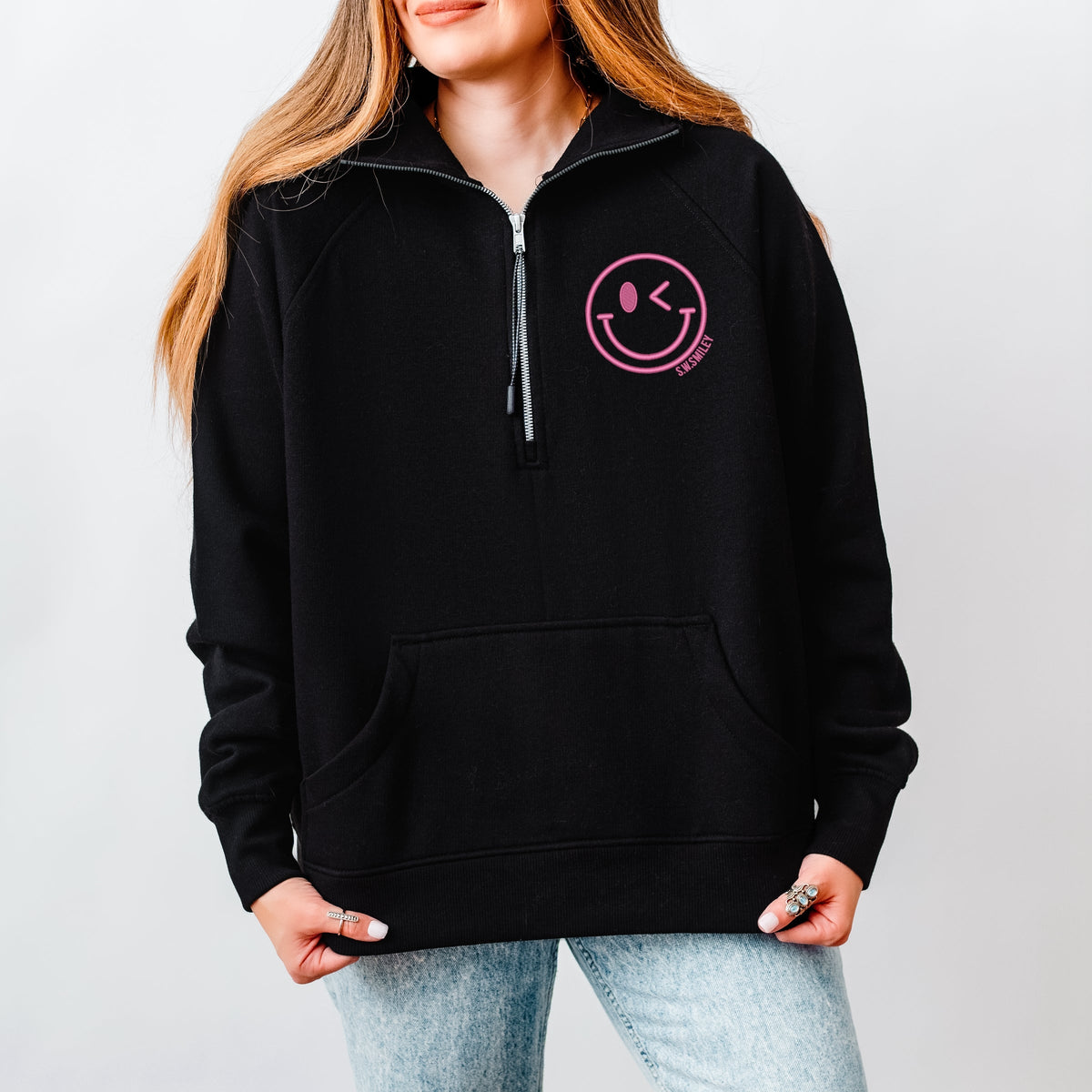 S.W.Smiley Embroidered Smiley Face Outline - Women's Quarter Zip Fleece Graphic Sweatshirt