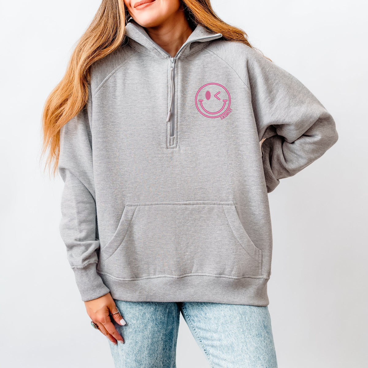 S.W.Smiley Embroidered Smiley Face Outline - Women's Quarter Zip Fleece Graphic Sweatshirt