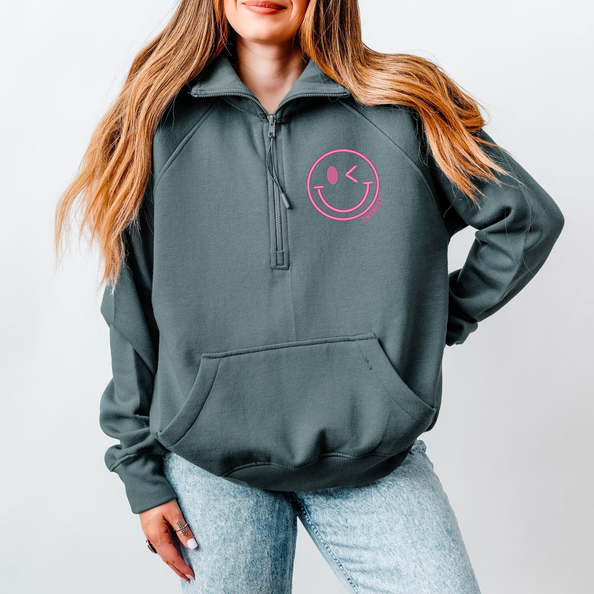 S.W.Smiley Embroidered Smiley Face Outline - Women's Quarter Zip Fleece Graphic Sweatshirt