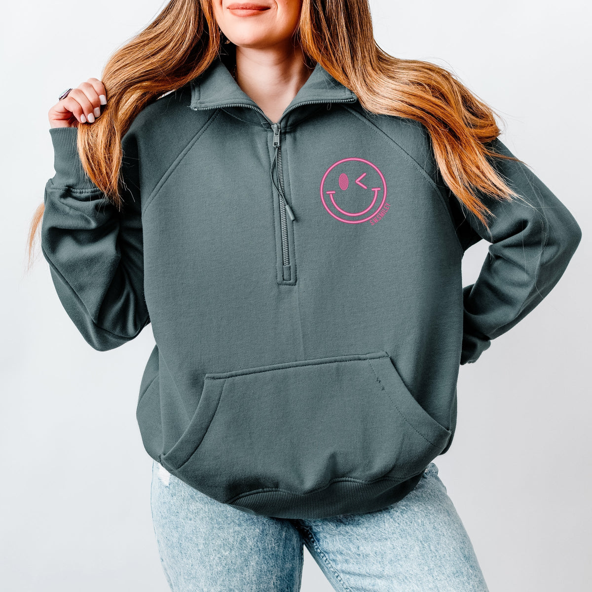 S.W.Smiley Embroidered Smiley Face Outline - Women's Quarter Zip Fleece Graphic Sweatshirt