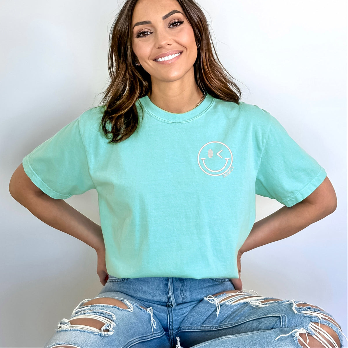 S.W.Smiley Embroidered Smiley Face Outline - Women's Garment Dyed Graphic T-Shirt