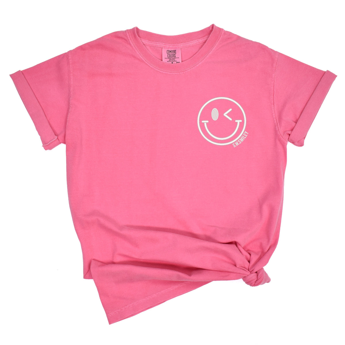 S.W.Smiley Embroidered Smiley Face Outline - Women's Garment Dyed Graphic T-Shirt