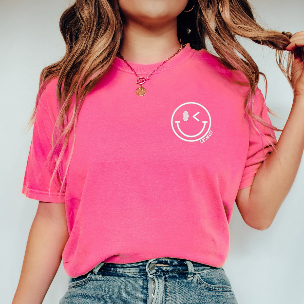S.W.Smiley Embroidered Smiley Face Outline - Women's Garment Dyed Graphic T-Shirt