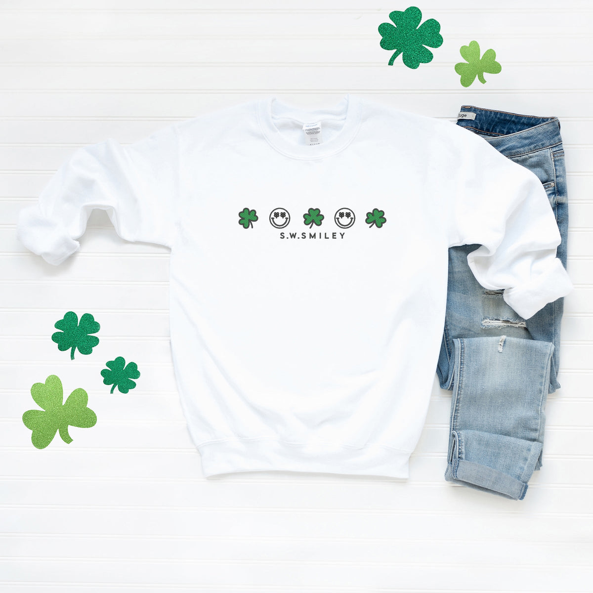 Embroidered S.W. Smiley Clovers Row - Women's Graphic Sweatshirt