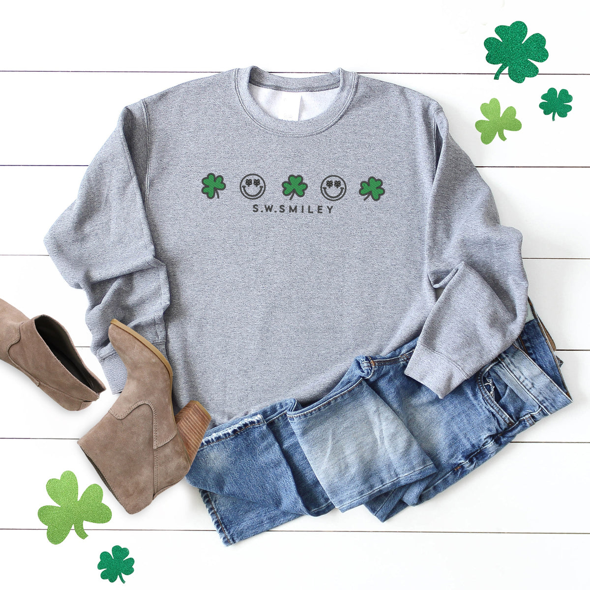 Embroidered S.W. Smiley Clovers Row - Women's Graphic Sweatshirt