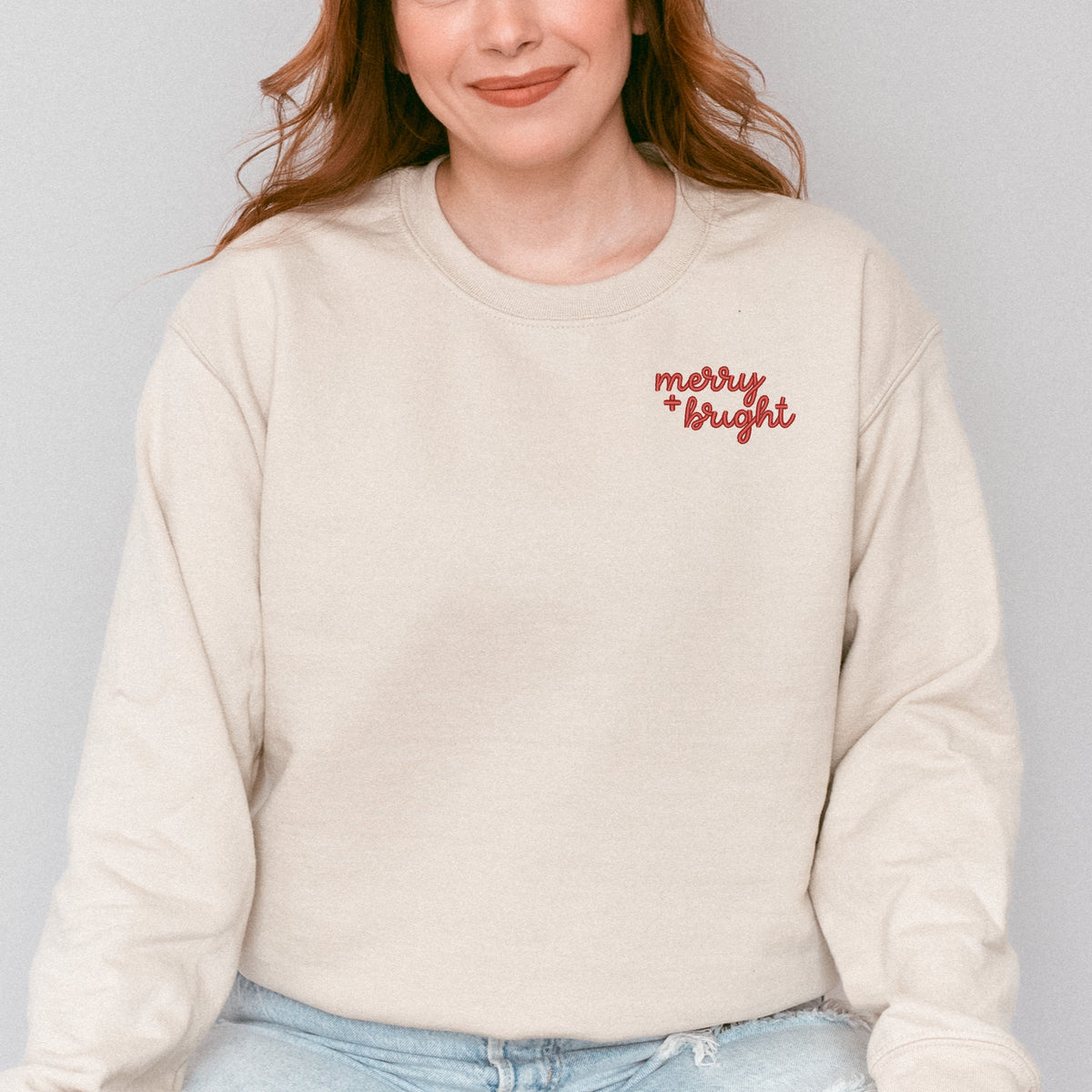 Merry and Bright Cursive Embroidery Mini - Women's Graphic Sweatshirt