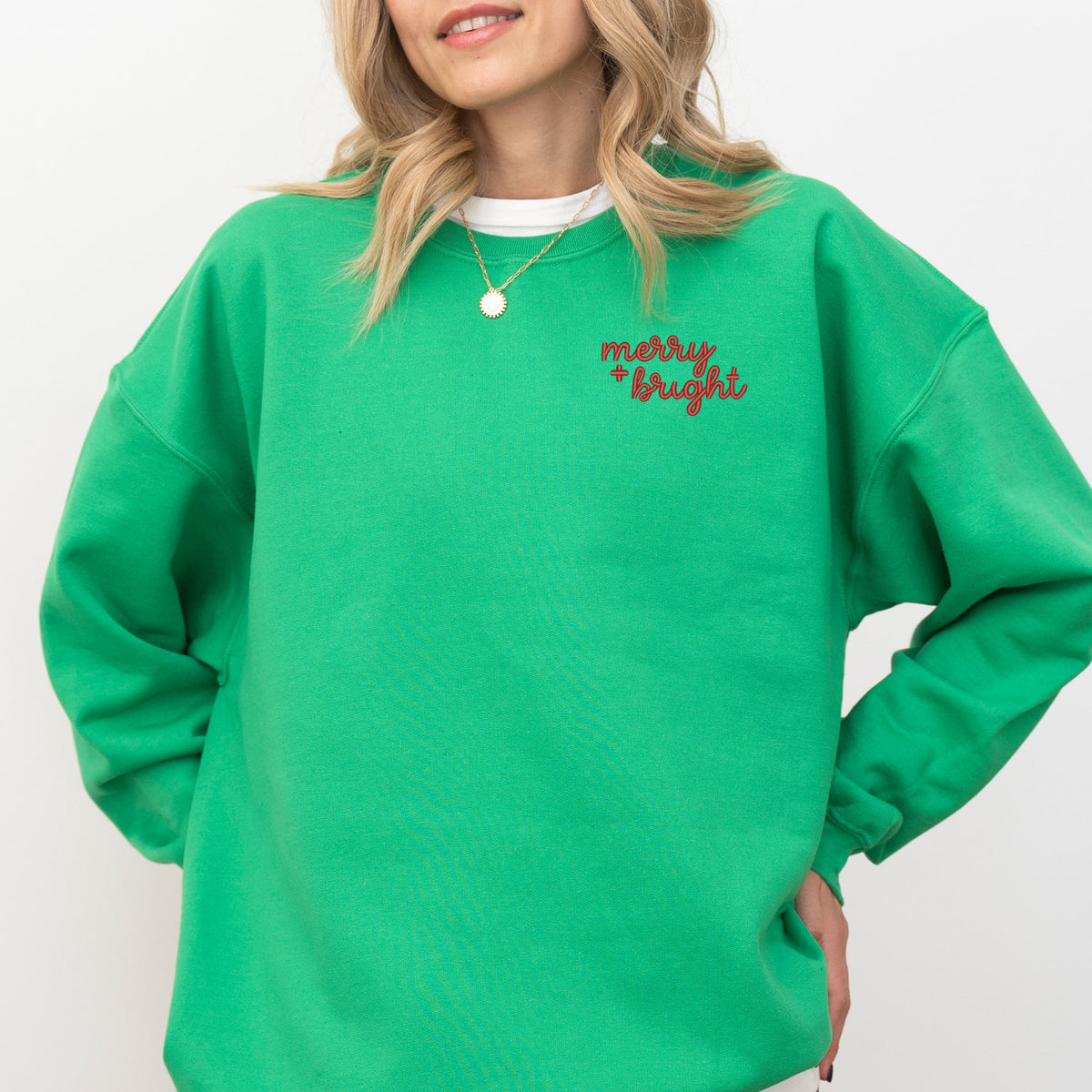 Merry and Bright Cursive Embroidery Mini - Women's Graphic Sweatshirt