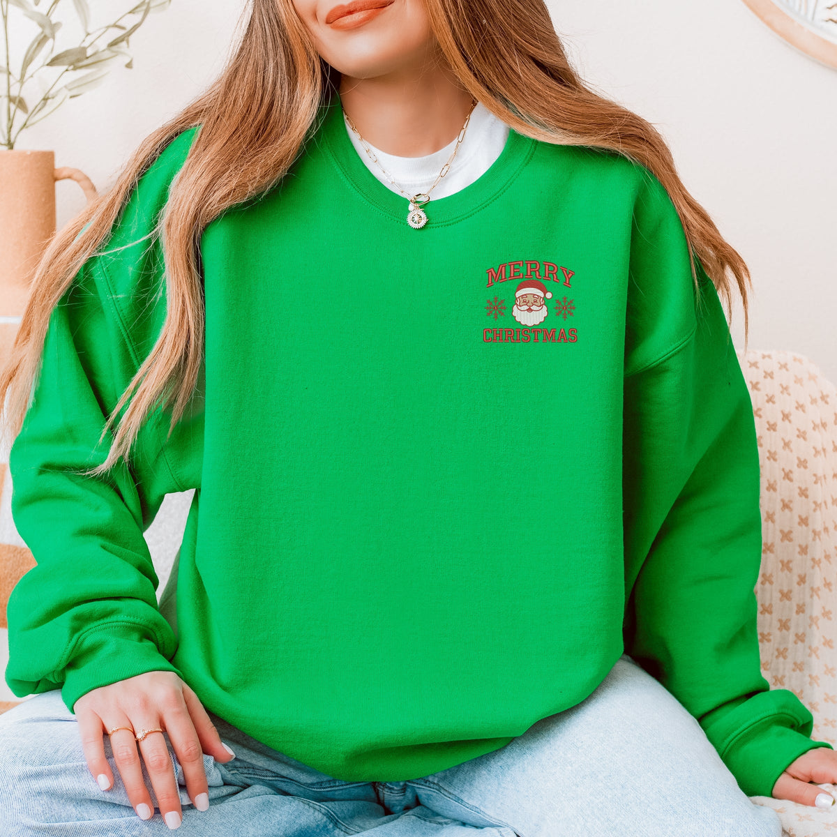 Embroidered Merry Christmas Santa Snowflake - Women's Graphic Sweatshirt