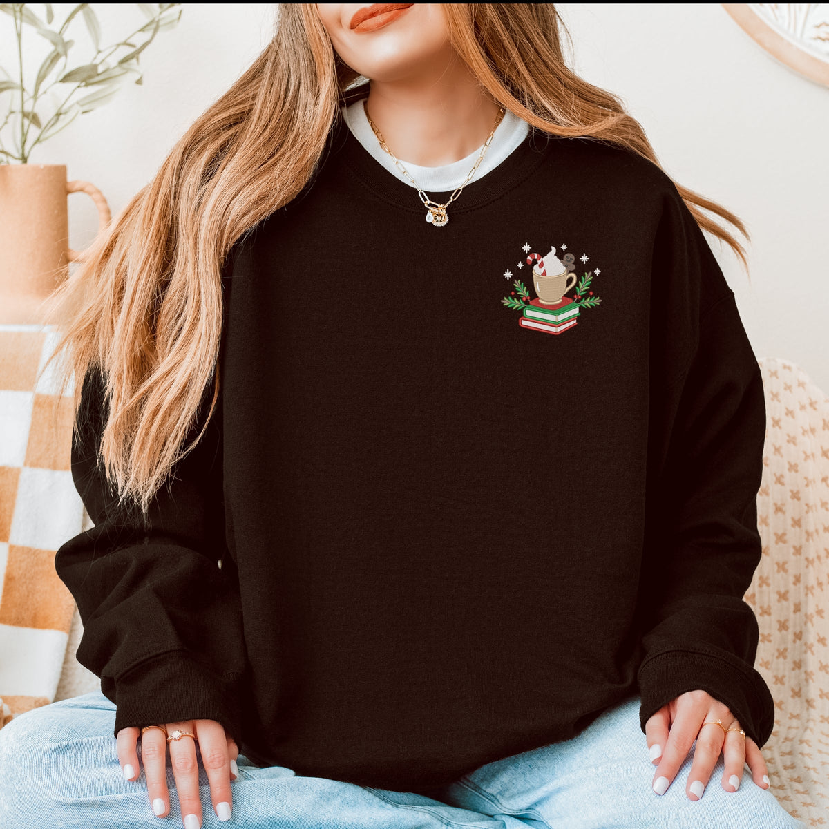 Embroidered Hot Cocoa Books - Women's Graphic Sweatshirt