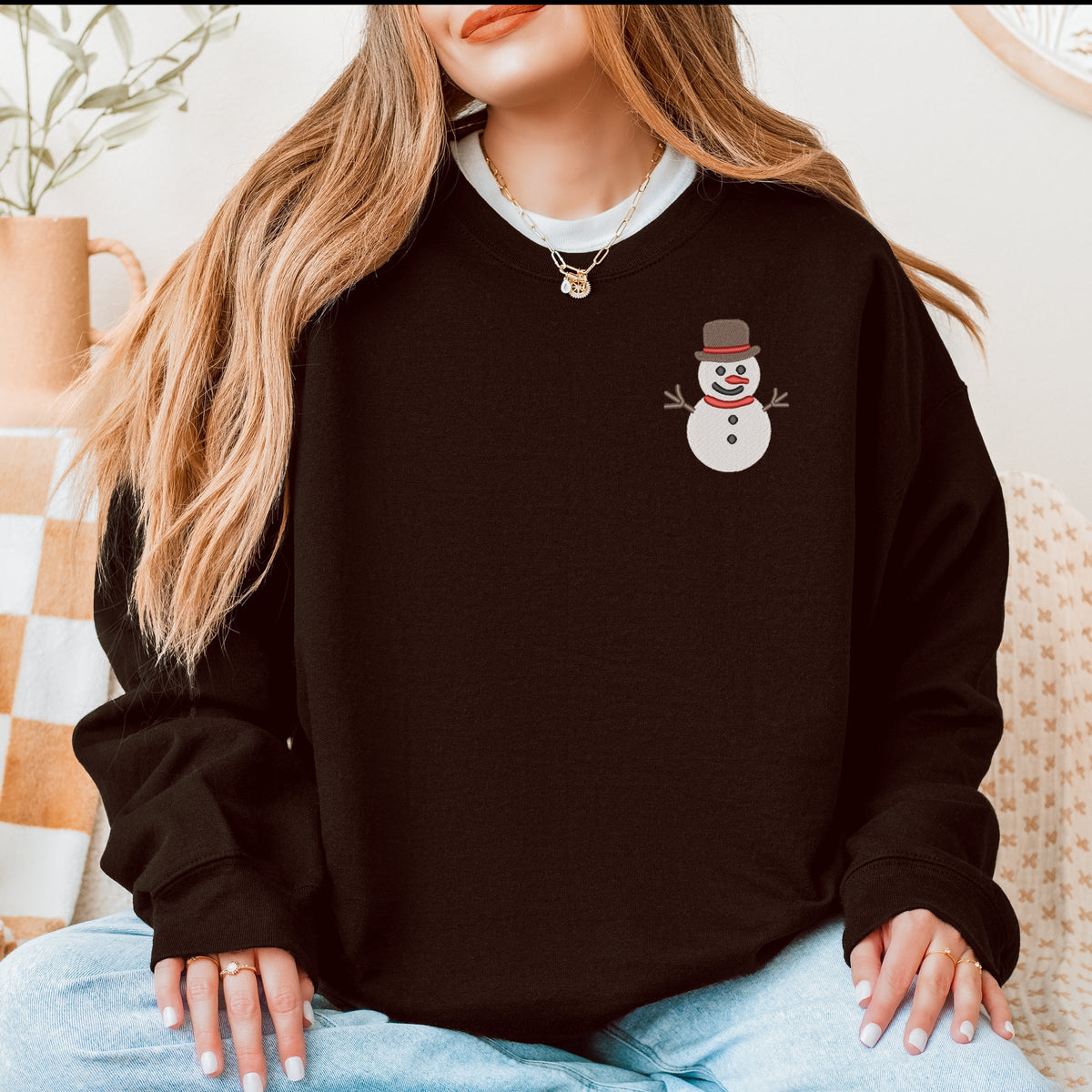 Embroidered White Snowman - Women's Graphic Sweatshirt
