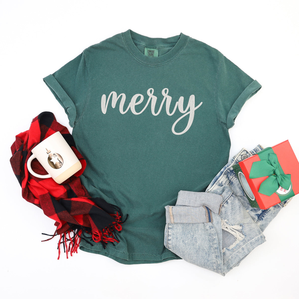 Embroidered Merry Cursive - Women's Garment Dyed Graphic T-Shirt