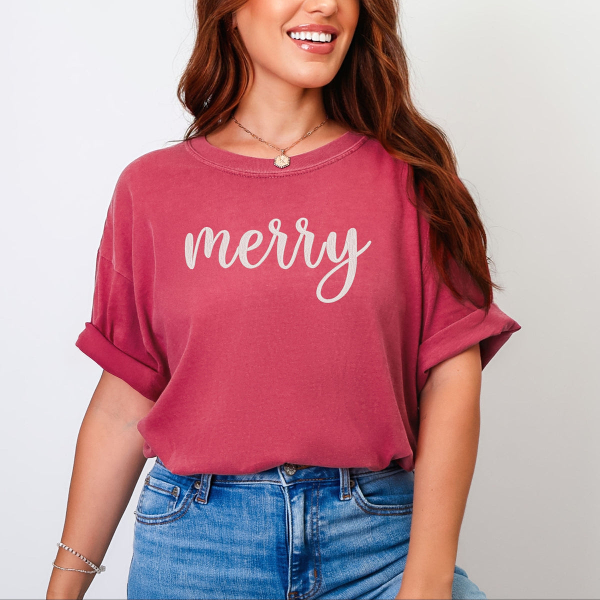 Embroidered Merry Cursive - Women's Garment Dyed Graphic T-Shirt