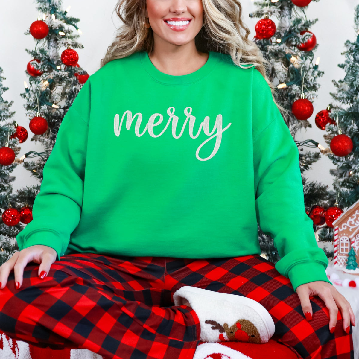 Embroidered Merry Cursive -  Women's Graphic Sweatshirt
