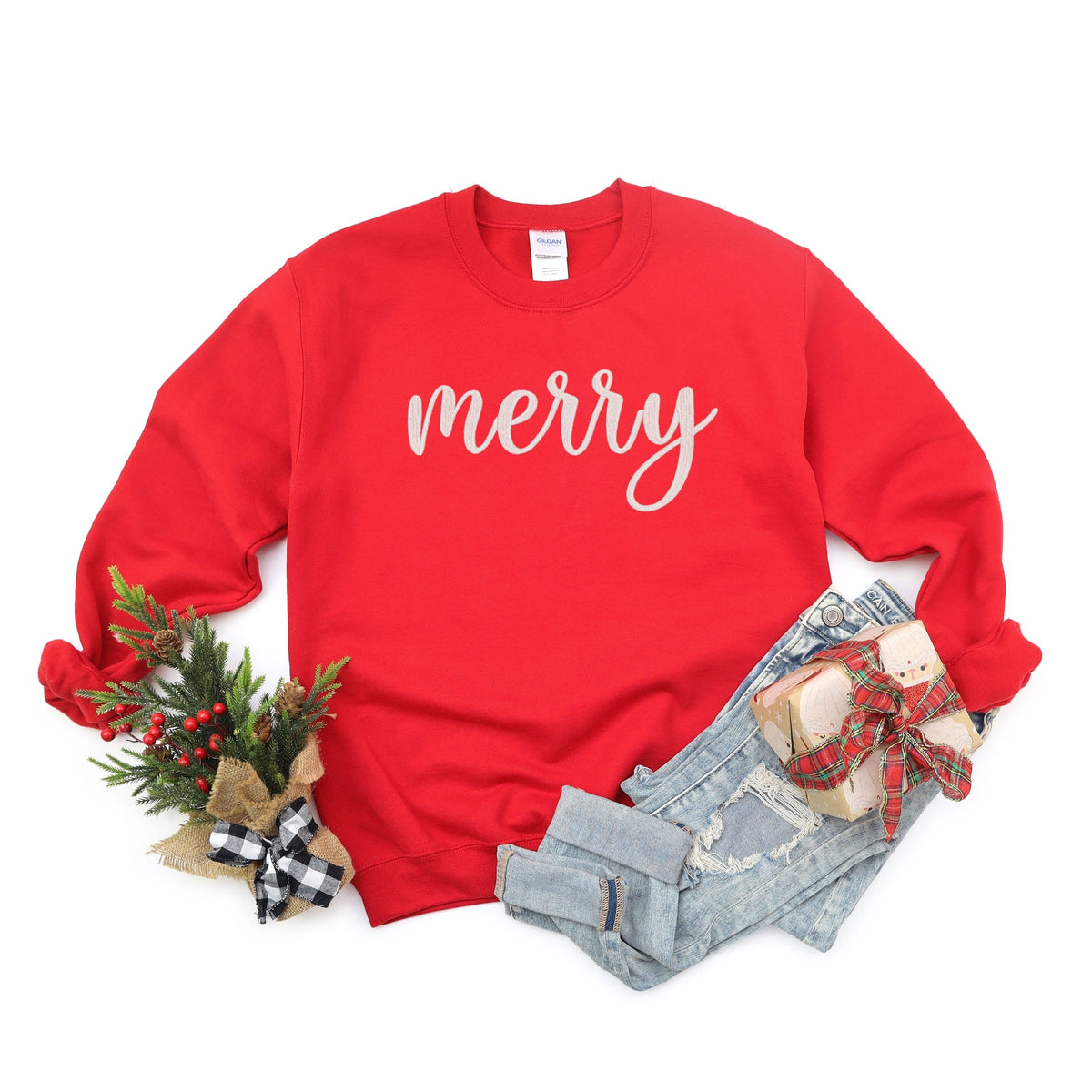 Embroidered Merry Cursive -  Women's Graphic Sweatshirt
