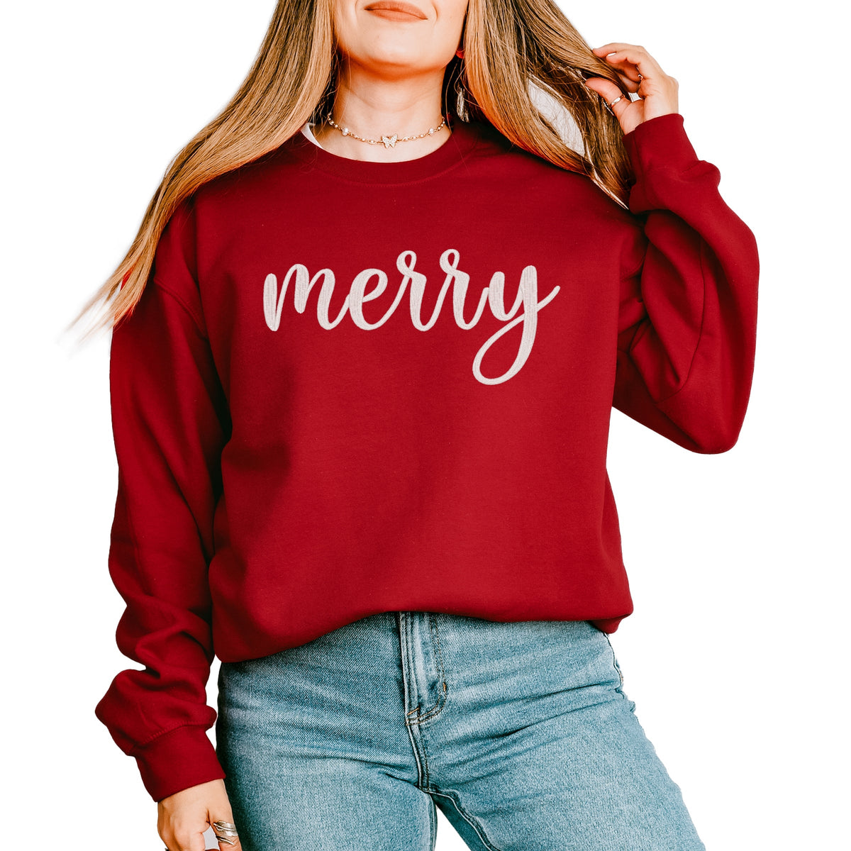 Embroidered Merry Cursive -  Women's Graphic Sweatshirt