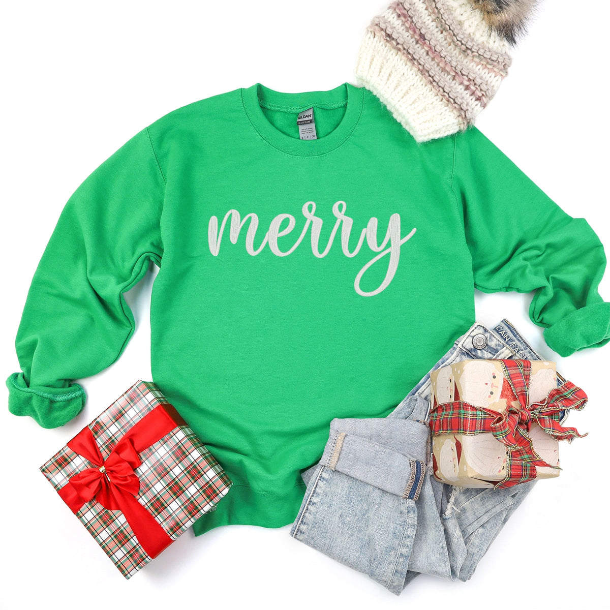 Embroidered Merry Cursive -  Women's Graphic Sweatshirt