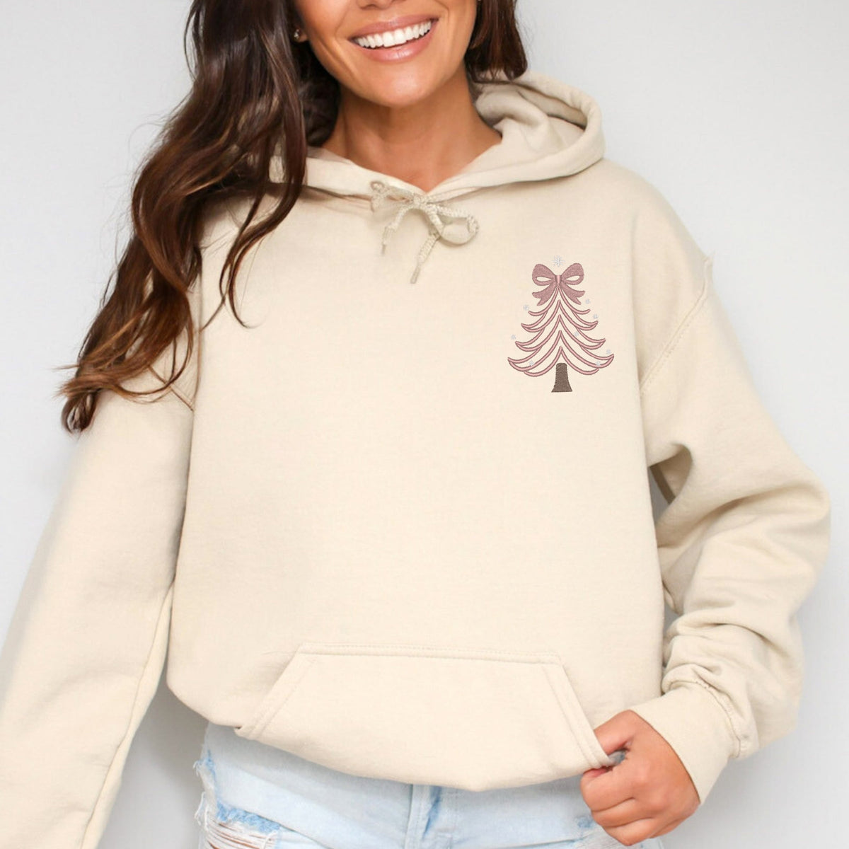 Embroidered Coquette Pink Christmas Tree - Women's Graphic Hoodie