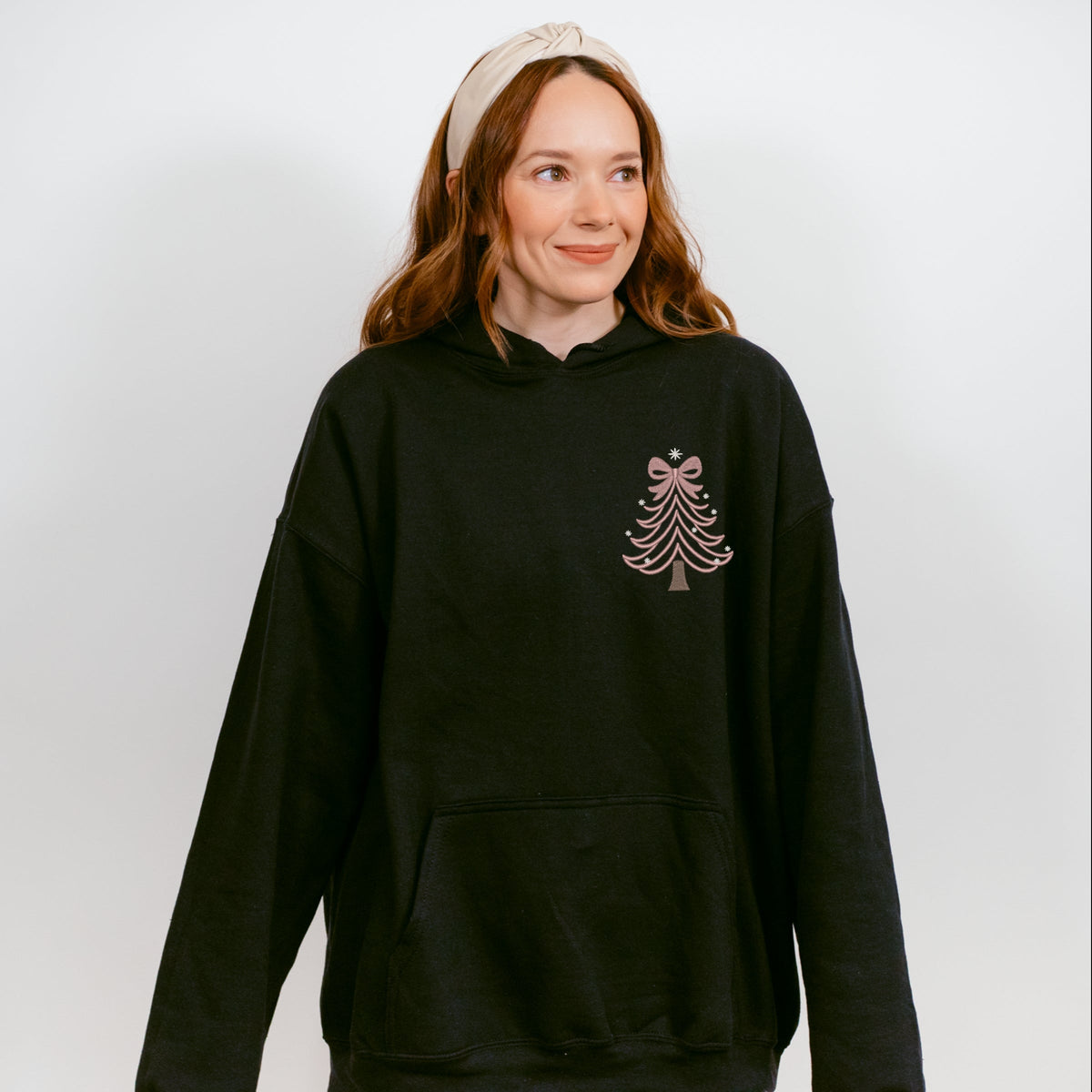 Embroidered Coquette Pink Christmas Tree - Women's Graphic Hoodie