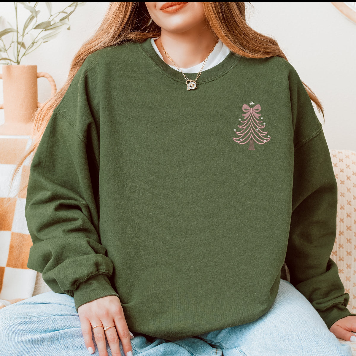 Embroidered Coquette Pink Christmas Tree - Women's Graphic Sweatshirt