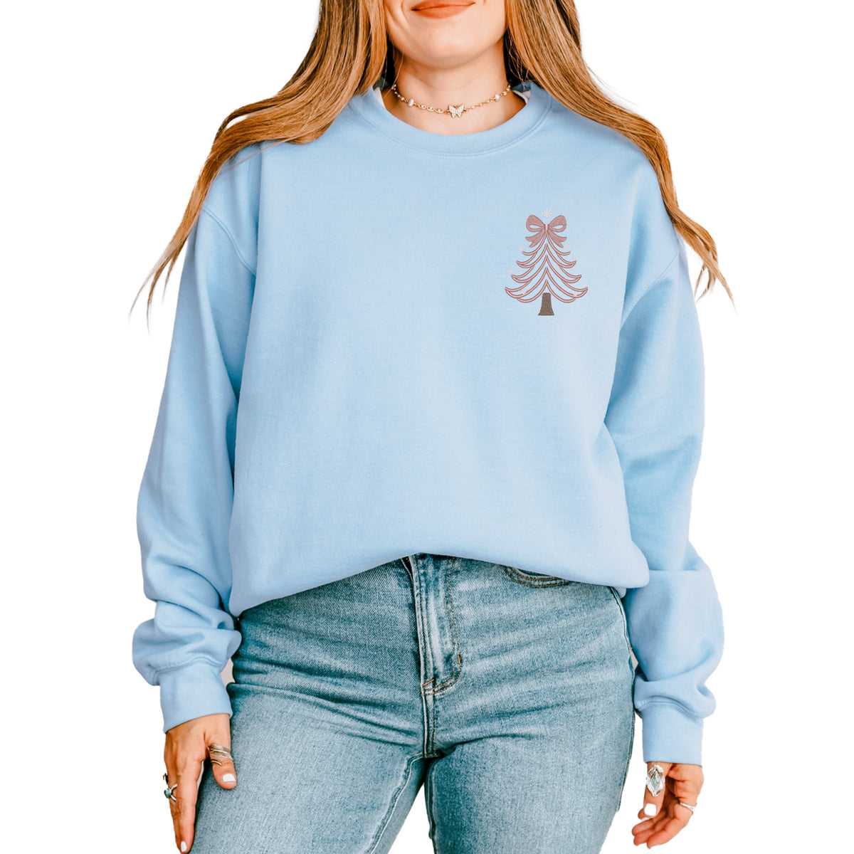 Embroidered Coquette Pink Christmas Tree - Women's Graphic Sweatshirt