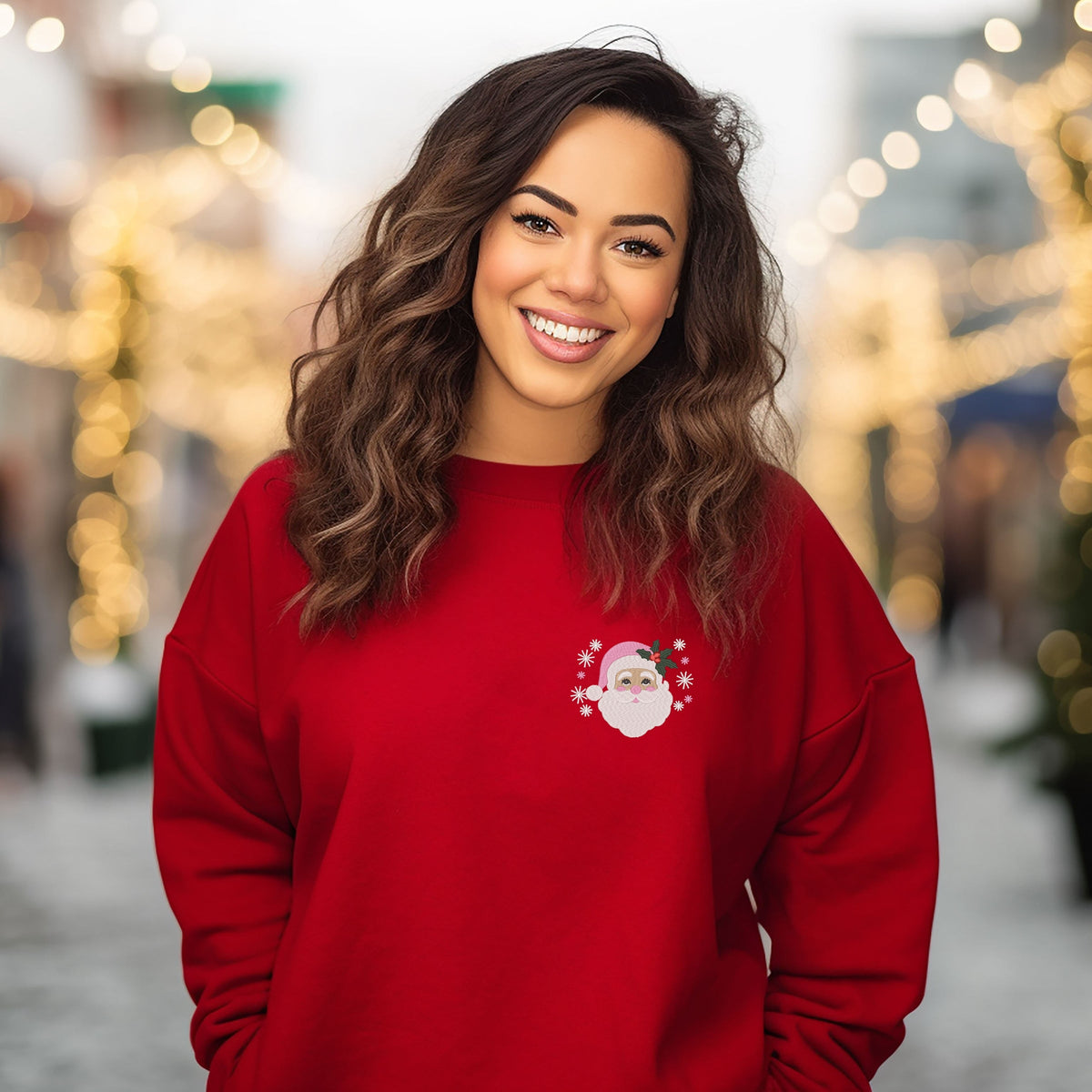 Embroidered Pink Santa Hat - Women's Graphic Sweatshirt