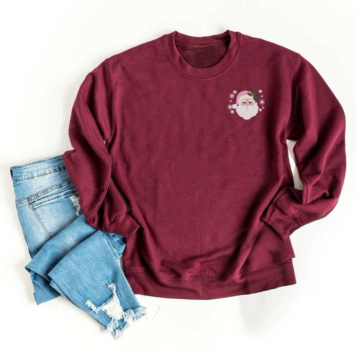 Embroidered Pink Santa Hat - Women's Graphic Sweatshirt