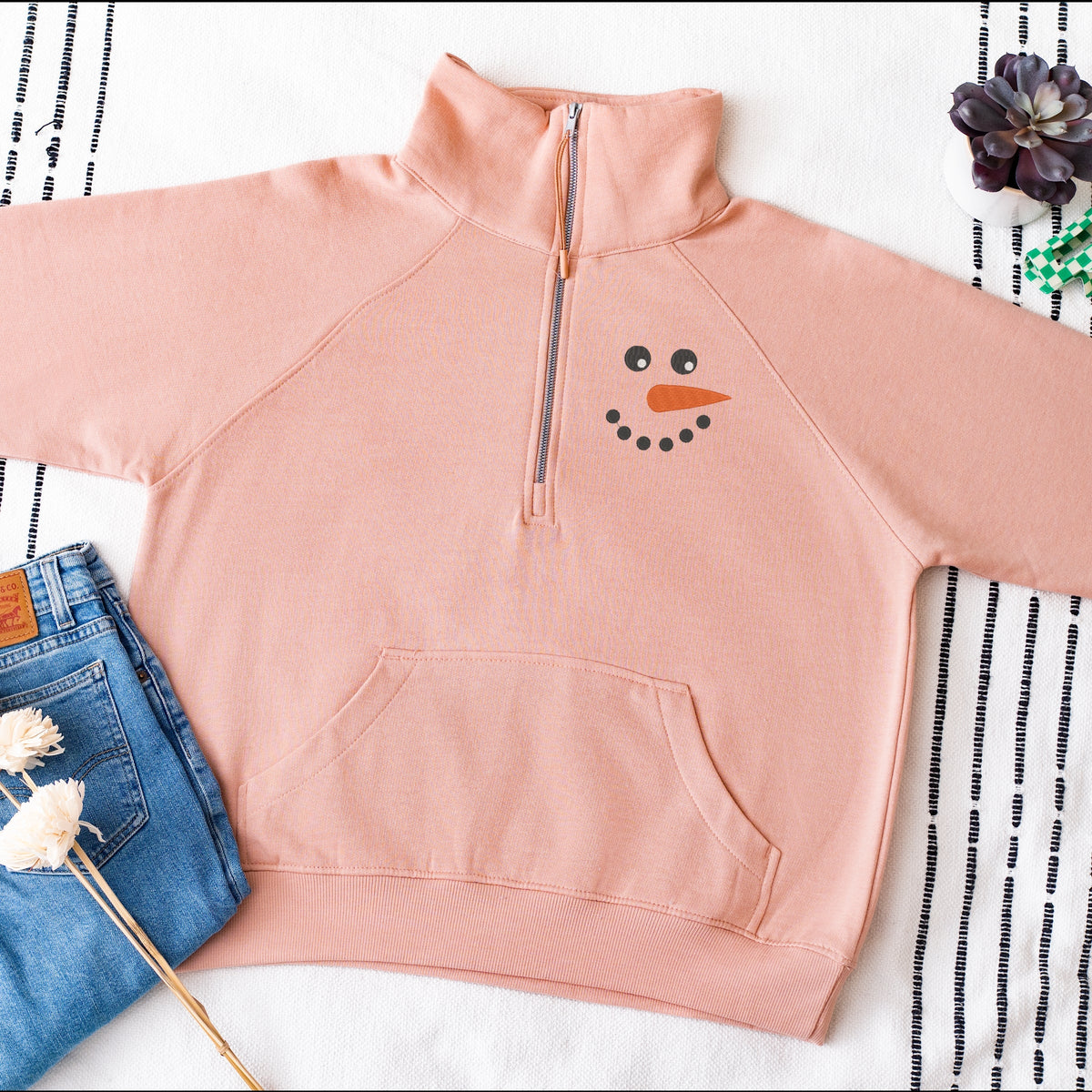 Embroidered Snowman Face - Women's Quarter Zip Fleece Graphic Sweatshirt