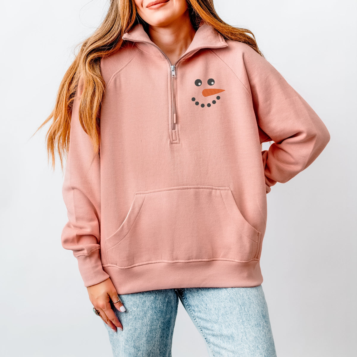 Embroidered Snowman Face - Women's Quarter Zip Fleece Graphic Sweatshirt