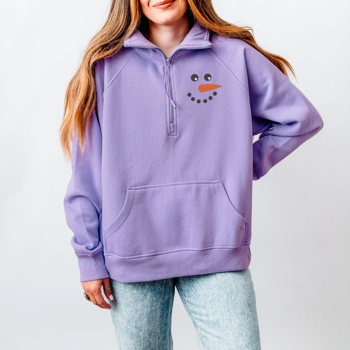 Embroidered Snowman Face - Women's Quarter Zip Fleece Graphic Sweatshirt