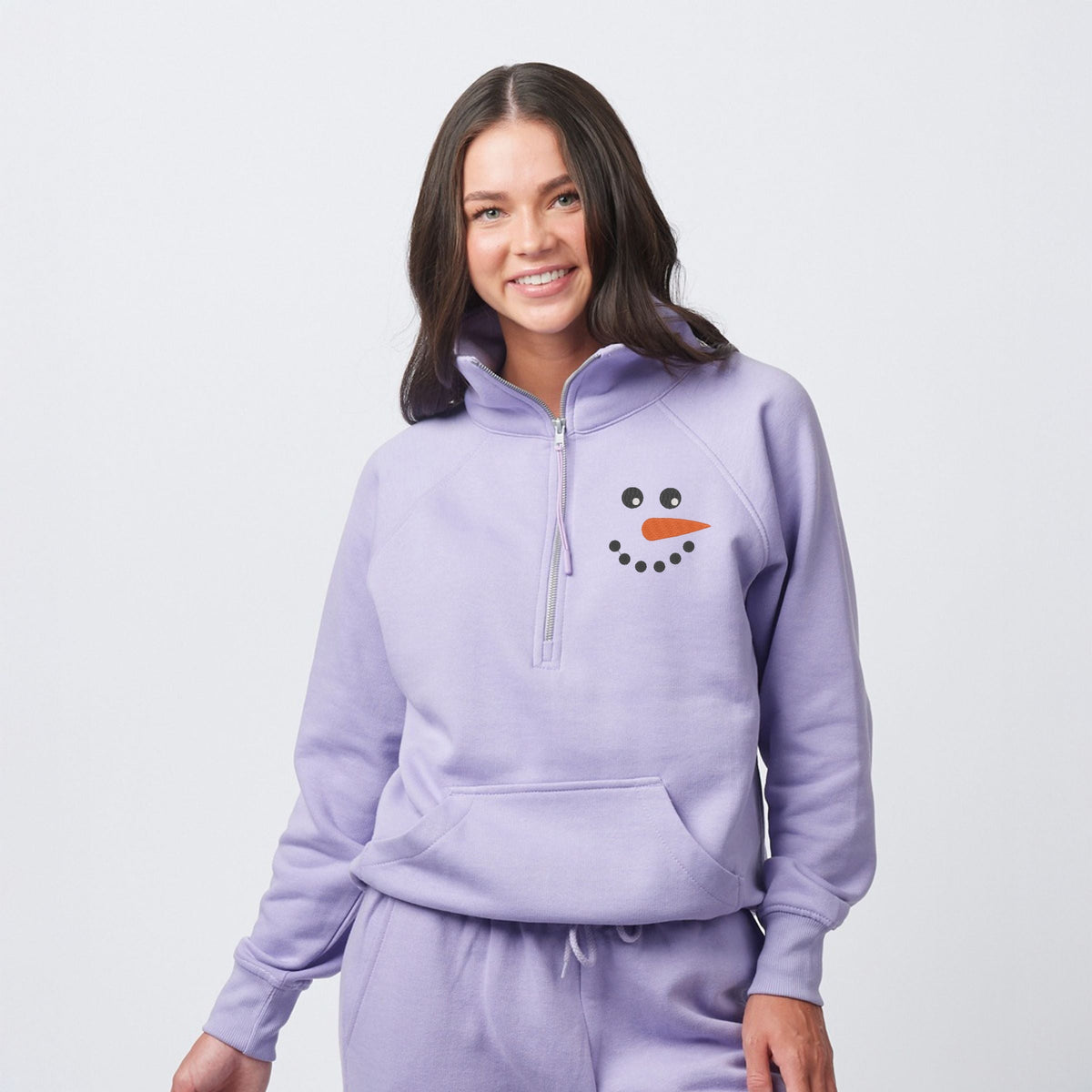Embroidered Snowman Face - Women's Quarter Zip Fleece Graphic Sweatshirt