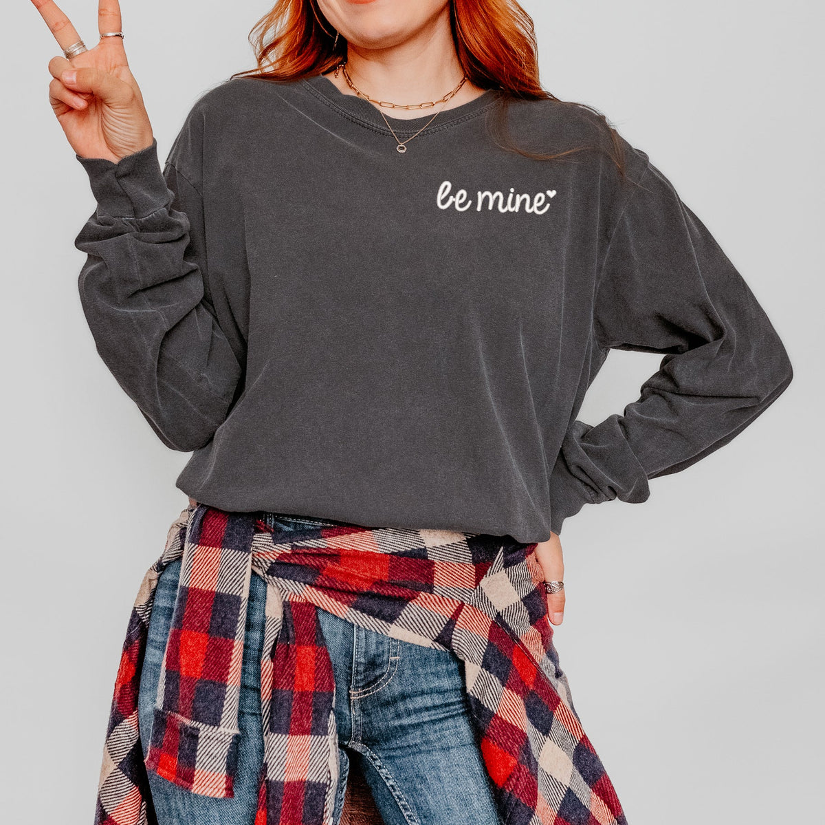 Embroidered Be Mine Heart | Garment Dyed Long Sleeve
